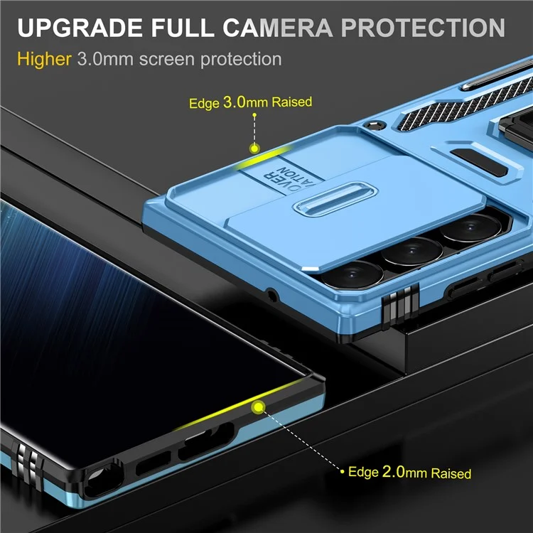 Чехол для Samsung Galaxy S24 Ultra из серии Armor с защитой объектива, ударопрочный ПК + ТПУ с подставкой - светло-синий