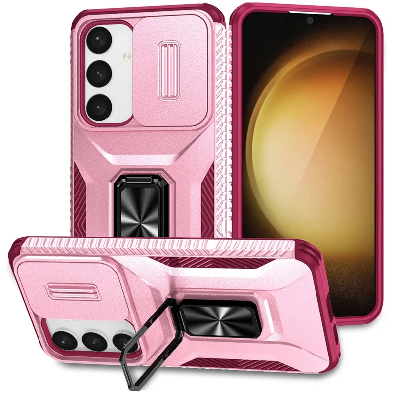 For Samsung Galaxy S24 Case Kickstand PC+TPU Phone Cover Support Magnetic Car Mount - Pink+Rose