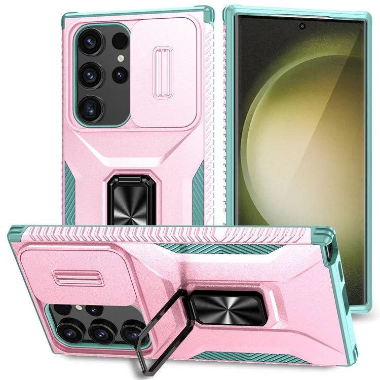 Funda para Samsung Galaxy S24 Ultra Giratoria con Soporte Corrediza Ventana para Objetivo del Teléfono - Rosa+Cian