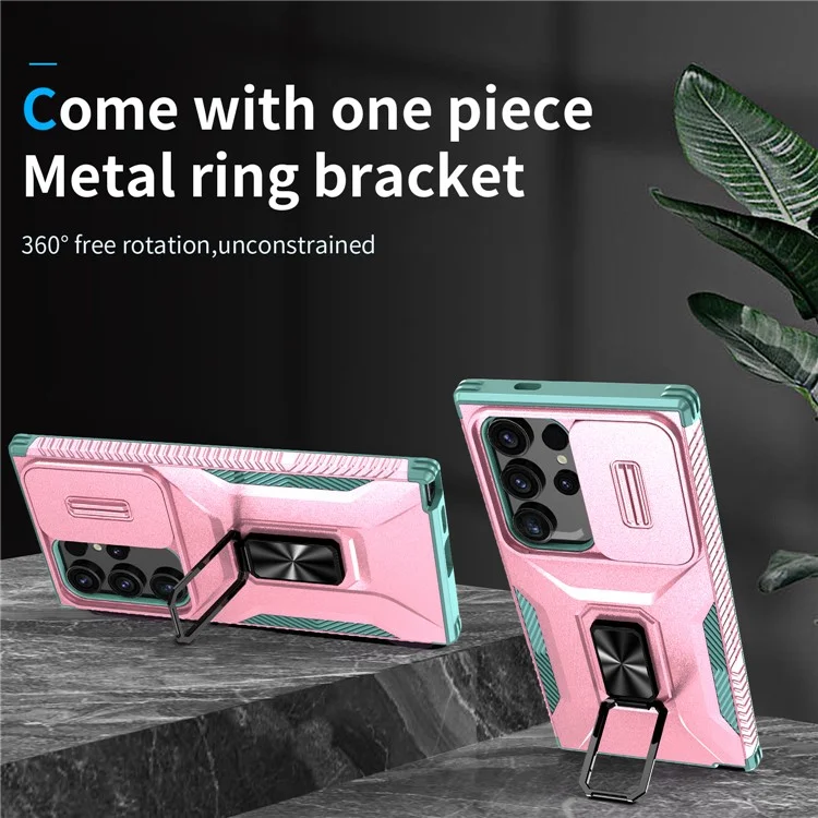 Funda para Samsung Galaxy S24 Ultra Giratoria con Soporte Corrediza Ventana para Objetivo del Teléfono - Rosa+Cian