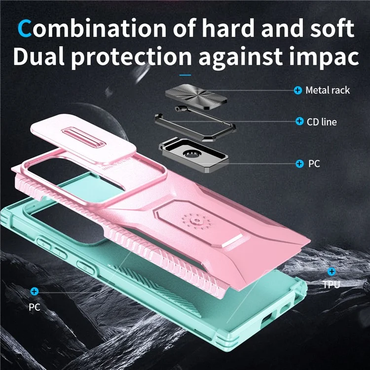Funda para Samsung Galaxy S24 Ultra Giratoria con Soporte Corrediza Ventana para Objetivo del Teléfono - Rosa+Cian