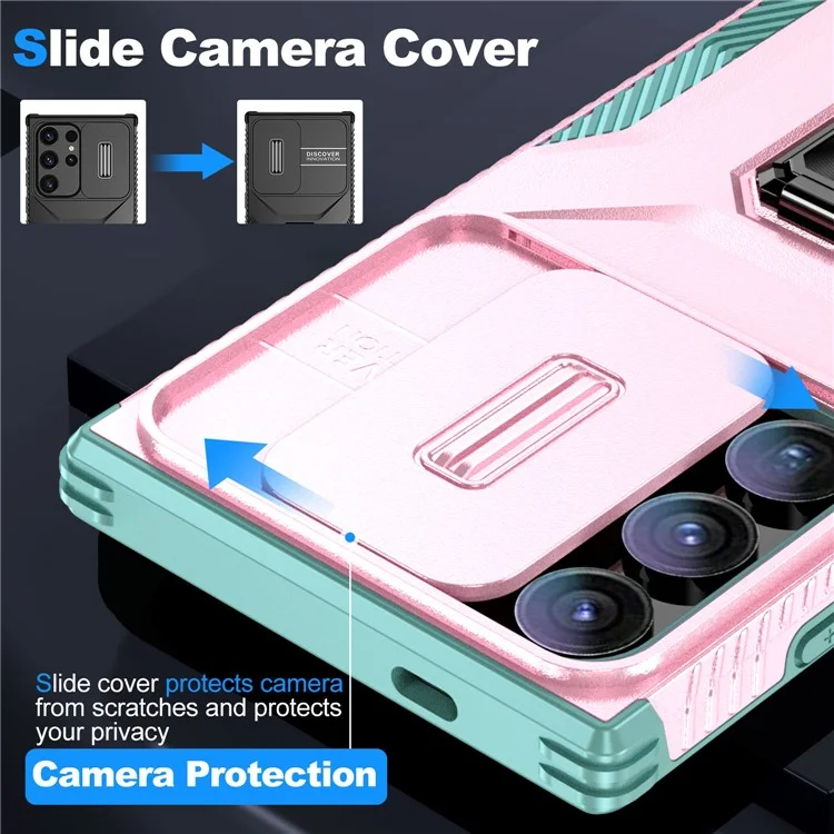 Funda para Samsung Galaxy S24 Ultra Giratoria con Soporte Corrediza Ventana para Objetivo del Teléfono - Rosa+Cian