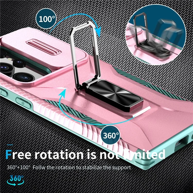 Funda para Samsung Galaxy S24 Ultra Giratoria con Soporte Corrediza Ventana para Objetivo del Teléfono - Rosa+Cian