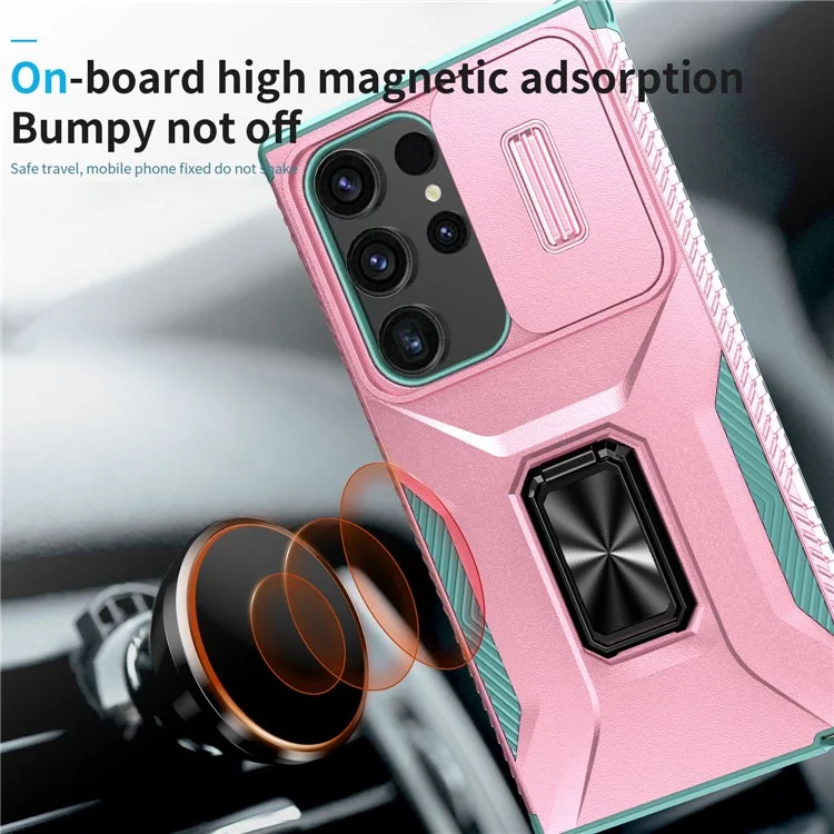 Funda para Samsung Galaxy S24 Ultra Giratoria con Soporte Corrediza Ventana para Objetivo del Teléfono - Rosa+Cian