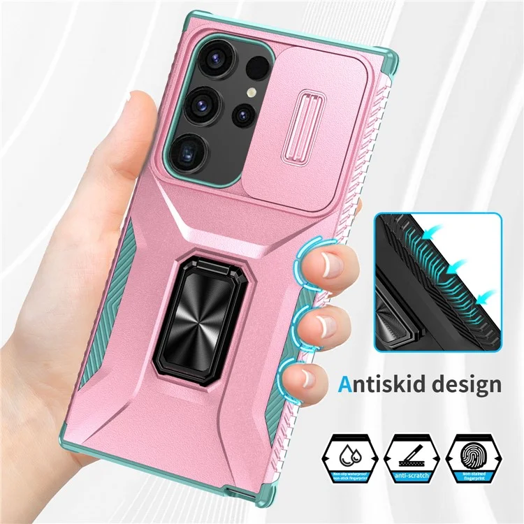 Funda para Samsung Galaxy S24 Ultra Giratoria con Soporte Corrediza Ventana para Objetivo del Teléfono - Rosa+Cian