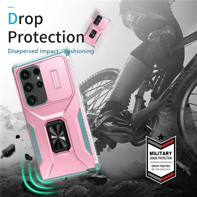 Funda para Samsung Galaxy S24 Ultra Giratoria con Soporte Corrediza Ventana para Objetivo del Teléfono - Rosa+Cian
