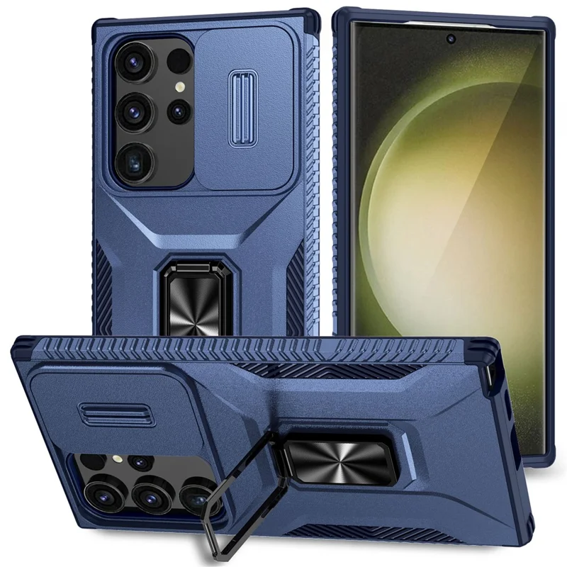 For Samsung Galaxy S24 Ultra Case Rotate Kickstand Slide Lens Window Phone Cover - Blue