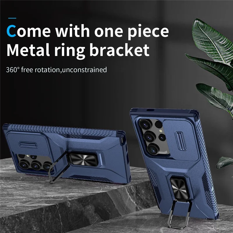 For Samsung Galaxy S24 Ultra Case Rotate Kickstand Slide Lens Window Phone Cover - Blue