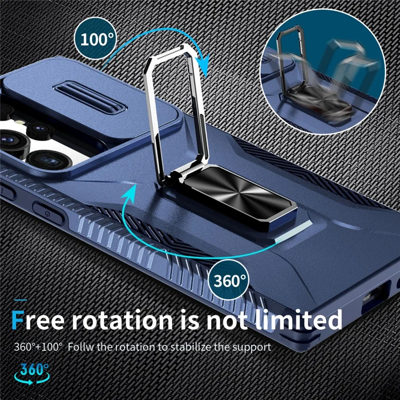 For Samsung Galaxy S24 Ultra Case Rotate Kickstand Slide Lens Window Phone Cover - Blue