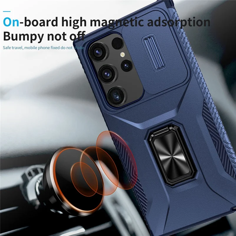 For Samsung Galaxy S24 Ultra Case Rotate Kickstand Slide Lens Window Phone Cover - Blue