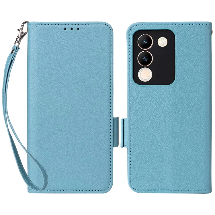 Чехол-бумажник из искусственной кожи с текстурой личи для vivo V29e (Global) 5G / Y200 (India) 5G - Голубой