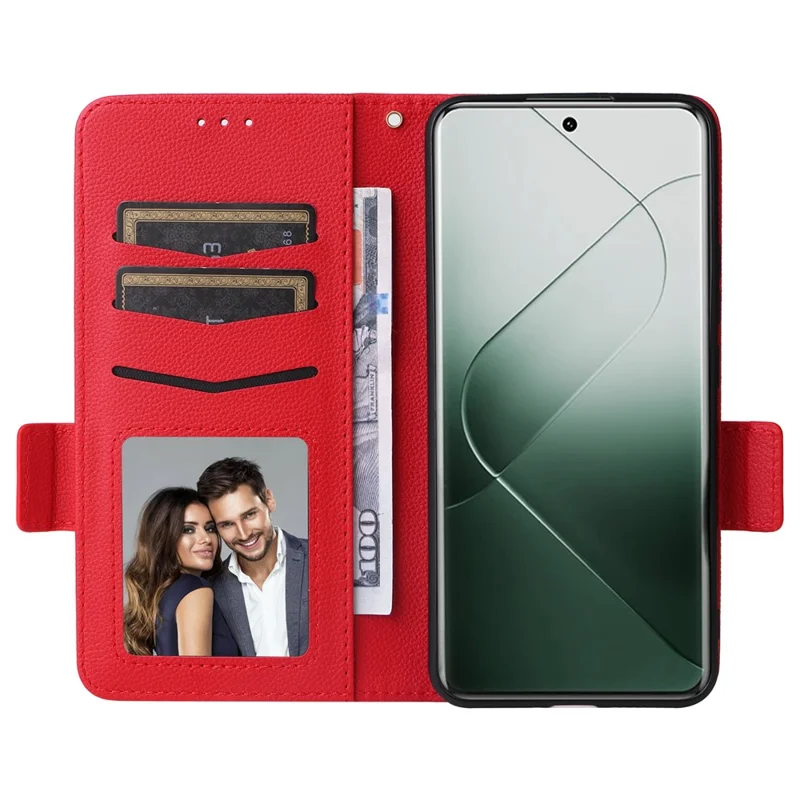 For Xiaomi 14 Pro Wallet Phone Case Magnetic Litchi Texture PU Leather Phone Cover with Strap - Red