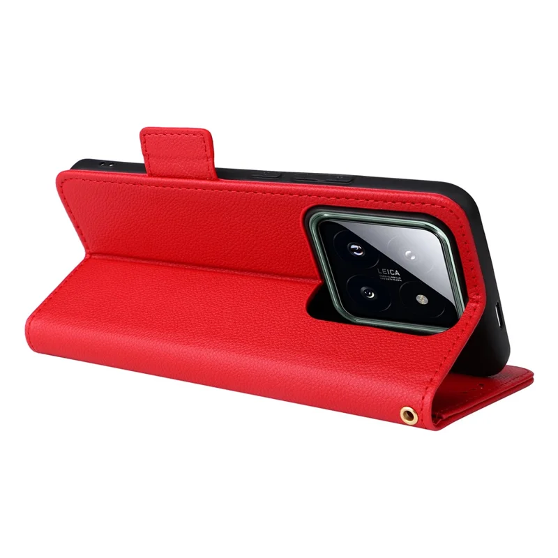 For Xiaomi 14 Pro Wallet Phone Case Magnetic Litchi Texture PU Leather Phone Cover with Strap - Red