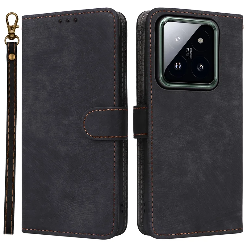 Pour Xiaomi 14 Pro Étui en cuir PU Étui de téléphone portable avec blocage RFID Couvercle de téléphone avec sangle - Noir
