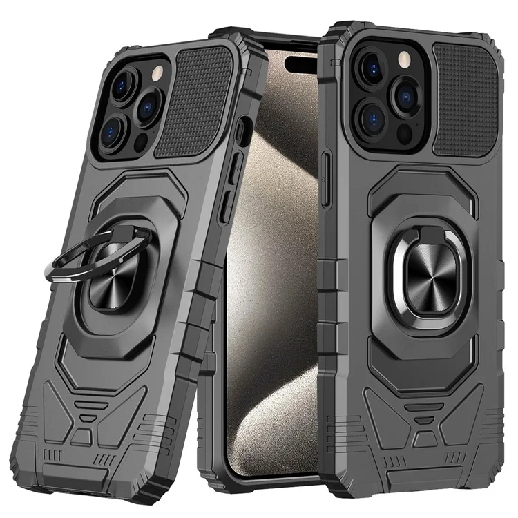 Compra a granel para iPhone 15 Pro Hybrid PC+TPU Funda de teléfono Anillo Soporte para coche Soporte - Negro