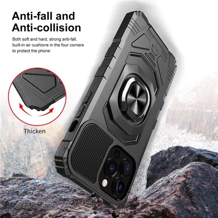 Compra a granel para iPhone 15 Pro Hybrid PC+TPU Funda de teléfono Anillo Soporte para coche Soporte - Negro