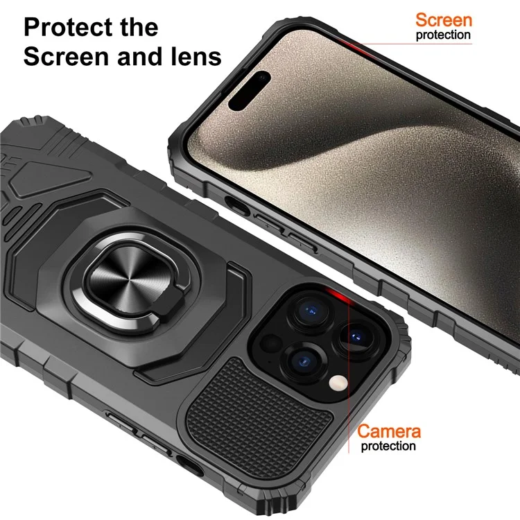 Compra a granel para iPhone 15 Pro Hybrid PC+TPU Funda de teléfono Anillo Soporte para coche Soporte - Negro