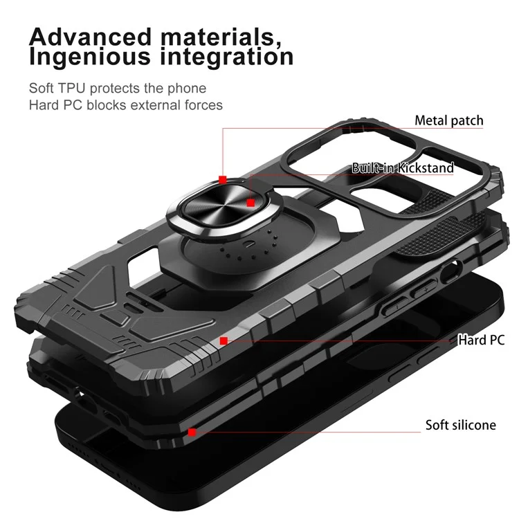 Compra a granel para iPhone 15 Pro Hybrid PC+TPU Funda de teléfono Anillo Soporte para coche Soporte - Negro