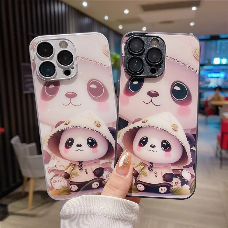 Для Iphone 15 Pro Phone Case Case Tremed Glass + TPU Antipplop Cover - Стоящая Панда / Белый