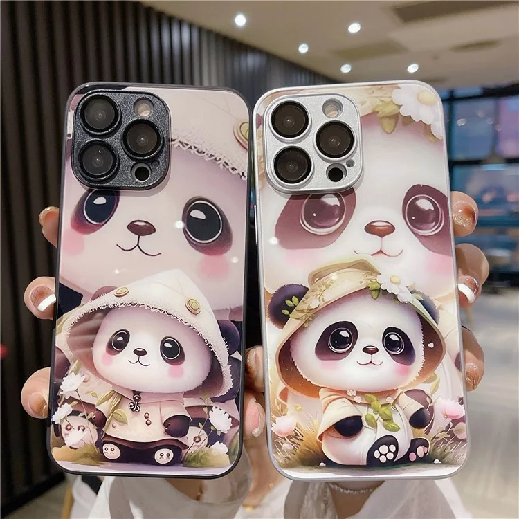 Для Iphone 15 Pro Phone Case Case Tremed Glass + TPU Antipplop Cover - Стоящая Панда / Белый