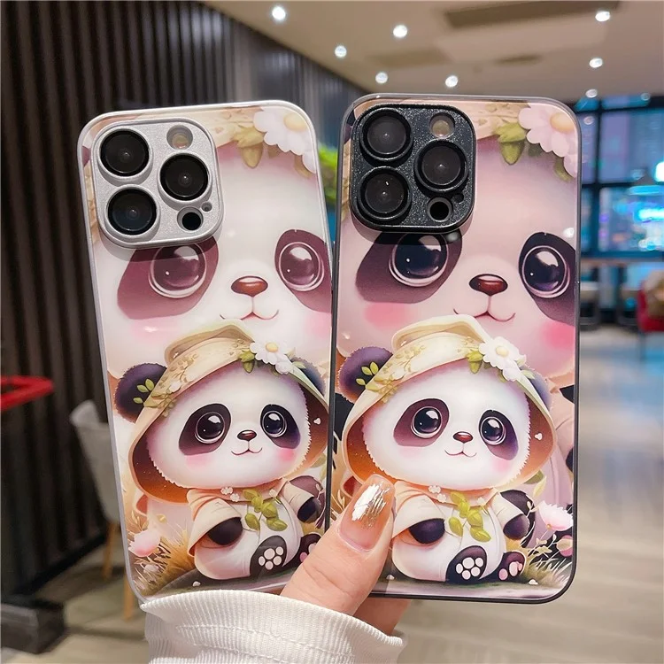 Для Iphone 15 Pro Phone Case Case Tremed Glass + TPU Antipplop Cover - Стоящая Панда / Белый