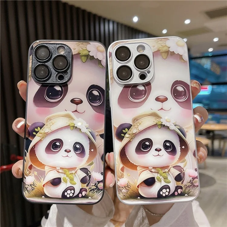 Для Iphone 15 Pro Phone Case Case Tremed Glass + TPU Antipplop Cover - Стоящая Панда / Белый