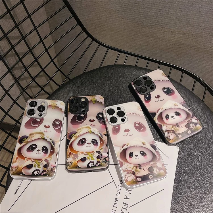 Для Iphone 15 Pro Phone Case Case Tremed Glass + TPU Antipplop Cover - Стоящая Панда / Белый