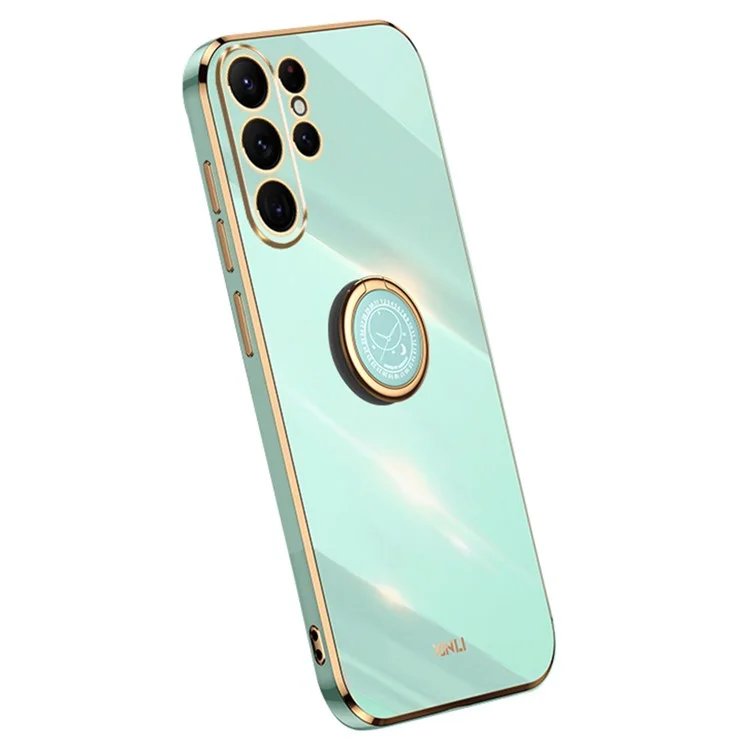 XINLI For Samsung Galaxy S24 Ultra Cover Electroplated TPU Phone Case with Ring Kickstand - Cyan