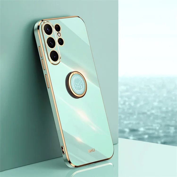 XINLI For Samsung Galaxy S24 Ultra Cover Electroplated TPU Phone Case with Ring Kickstand - Cyan