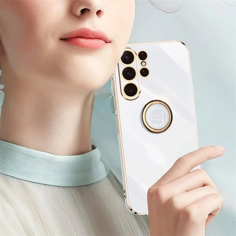 XINLI For Samsung Galaxy S24 Ultra Cover Electroplated TPU Phone Case with Ring Kickstand - Cyan