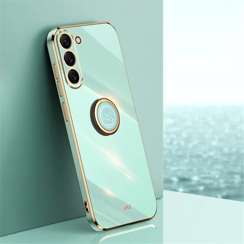 XINLI For Samsung Galaxy S24 Case Electroplated TPU Phone Ring Kickstand Back Cover - Cyan