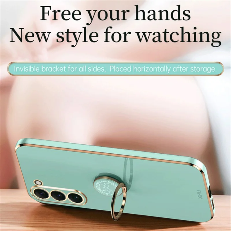 XINLI For Samsung Galaxy S24 Case Electroplated TPU Phone Ring Kickstand Back Cover - Cyan