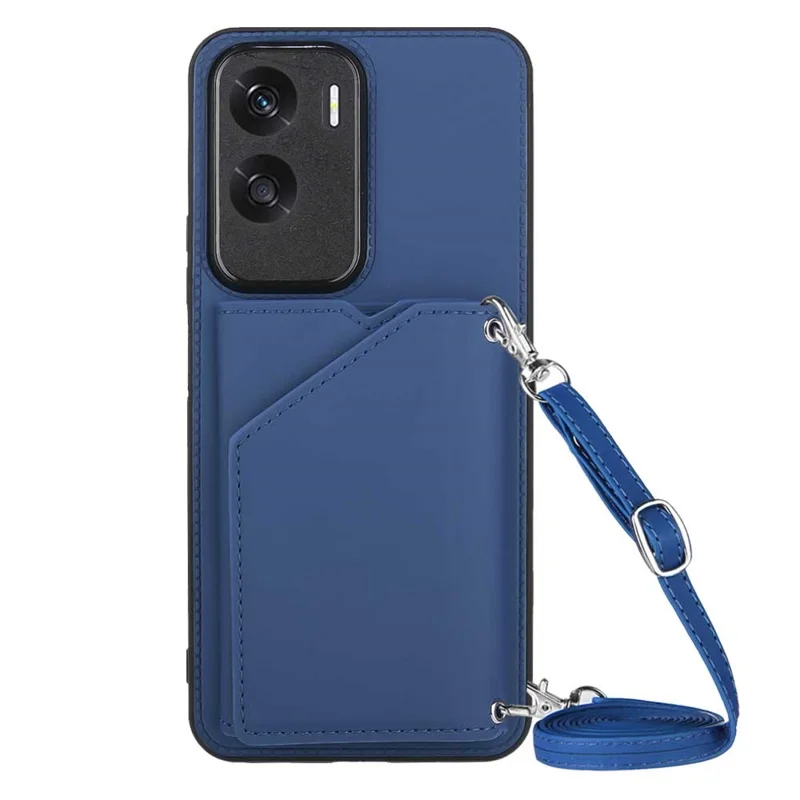 For Honor 90 Lite 5G / X50i 5G Case Card Holder Kickstand Phone Back Cover with Shoulder Strap - Sapphire