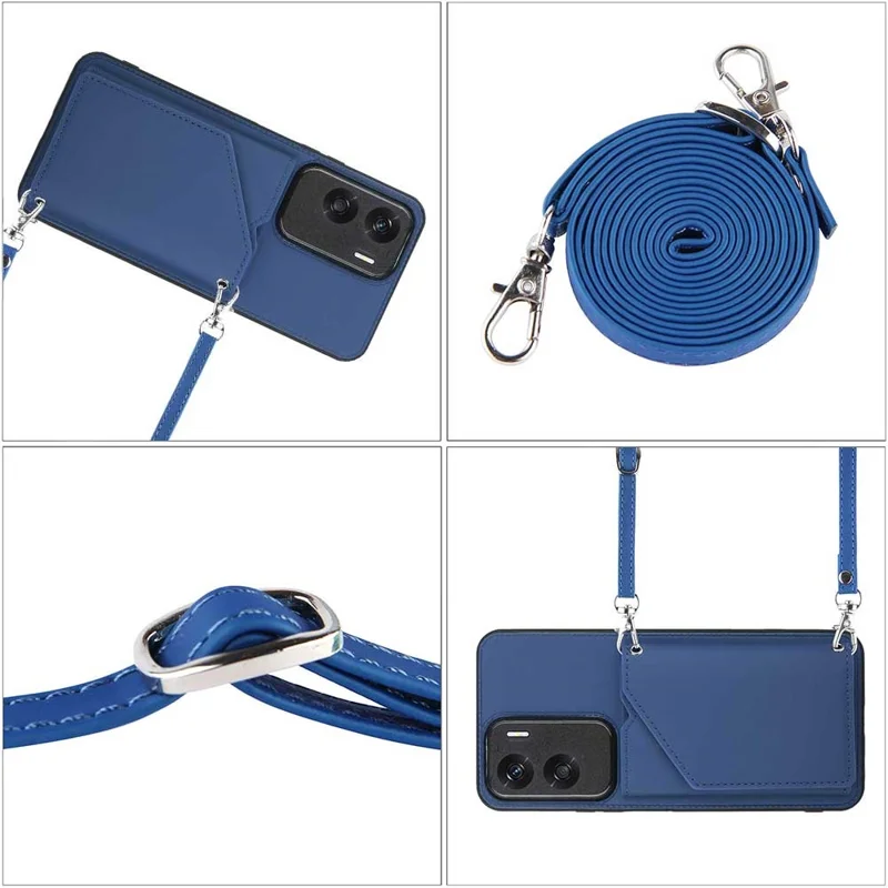 For Honor 90 Lite 5G / X50i 5G Case Card Holder Kickstand Phone Back Cover with Shoulder Strap - Sapphire