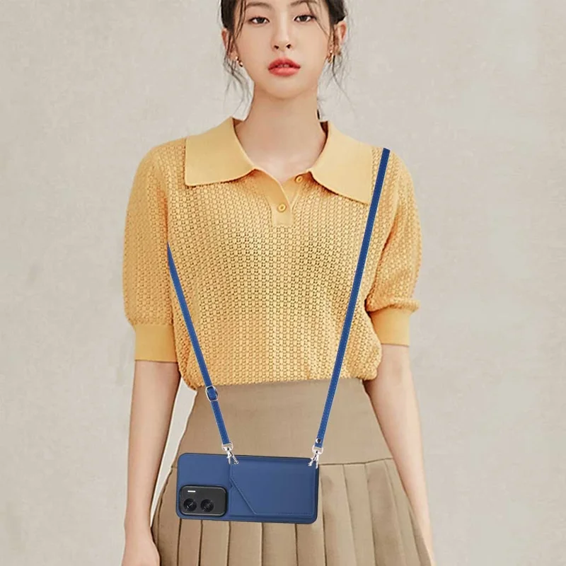 For Honor 90 Lite 5G / X50i 5G Case Card Holder Kickstand Phone Back Cover with Shoulder Strap - Sapphire