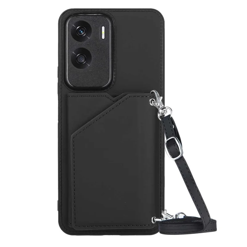 For Honor 90 Lite 5G / X50i 5G Case Card Holder Kickstand Phone Back Cover with Shoulder Strap - Black