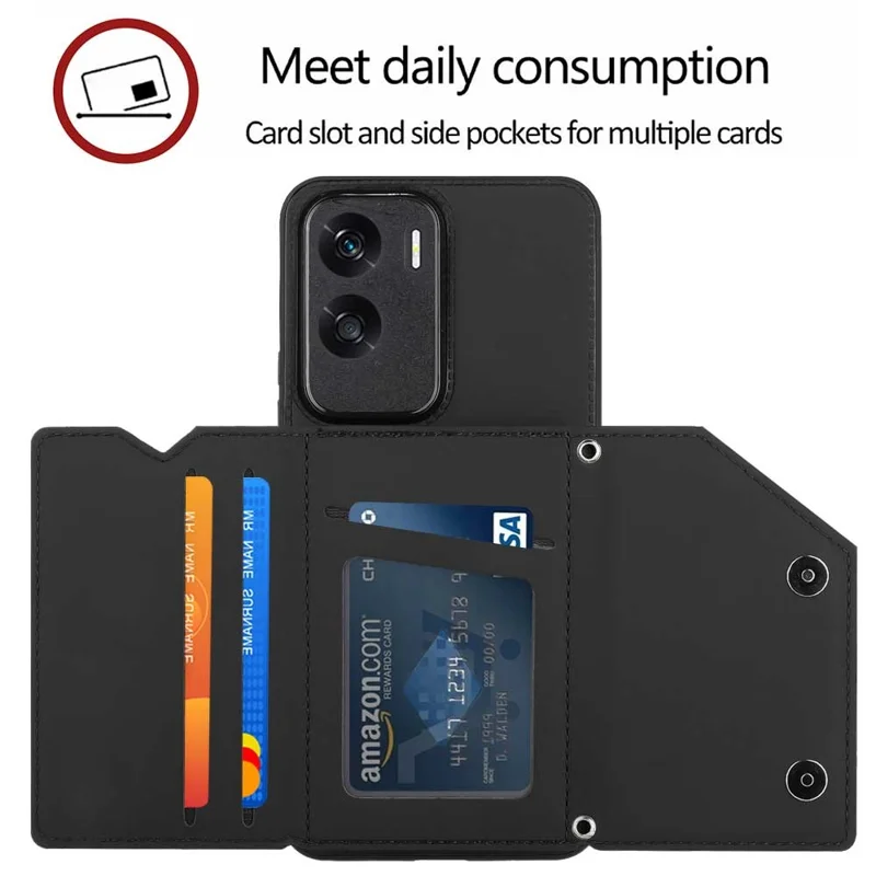 For Honor 90 Lite 5G / X50i 5G Case Card Holder Kickstand Phone Back Cover with Shoulder Strap - Black