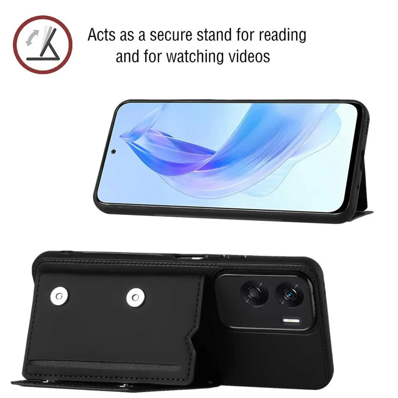 For Honor 90 Lite 5G / X50i 5G Case Card Holder Kickstand Phone Back Cover with Shoulder Strap - Black