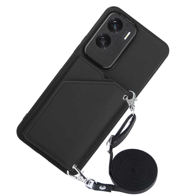 For Honor 90 Lite 5G / X50i 5G Case Card Holder Kickstand Phone Back Cover with Shoulder Strap - Black