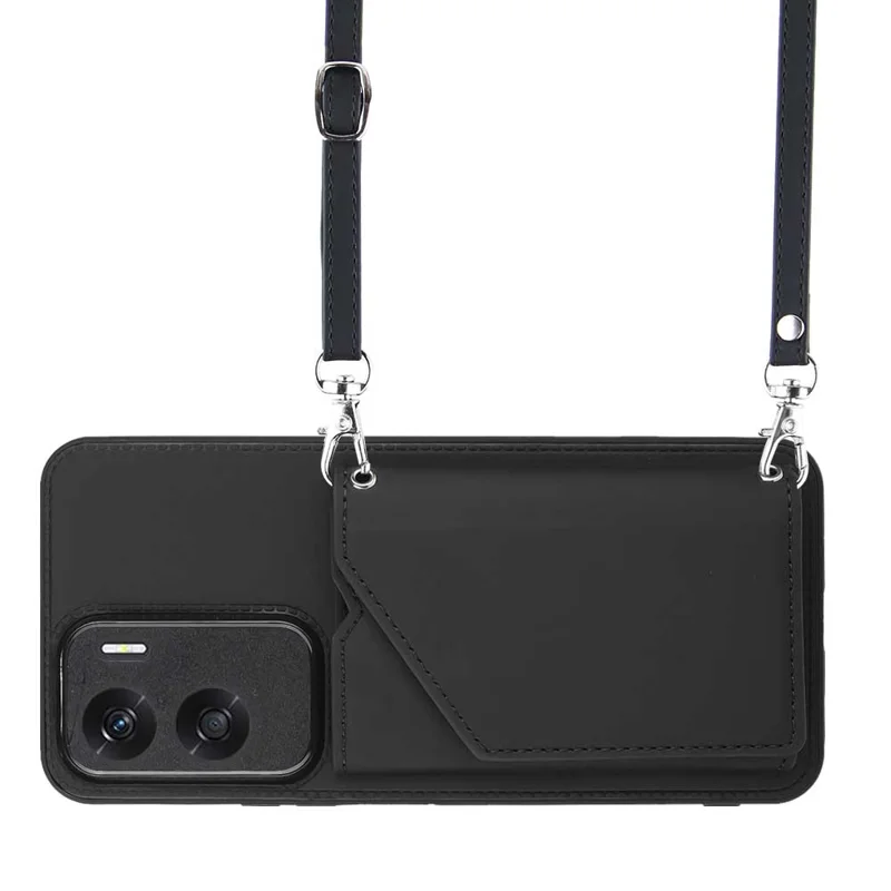 For Honor 90 Lite 5G / X50i 5G Case Card Holder Kickstand Phone Back Cover with Shoulder Strap - Black