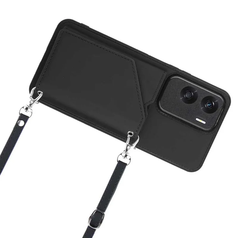 For Honor 90 Lite 5G / X50i 5G Case Card Holder Kickstand Phone Back Cover with Shoulder Strap - Black