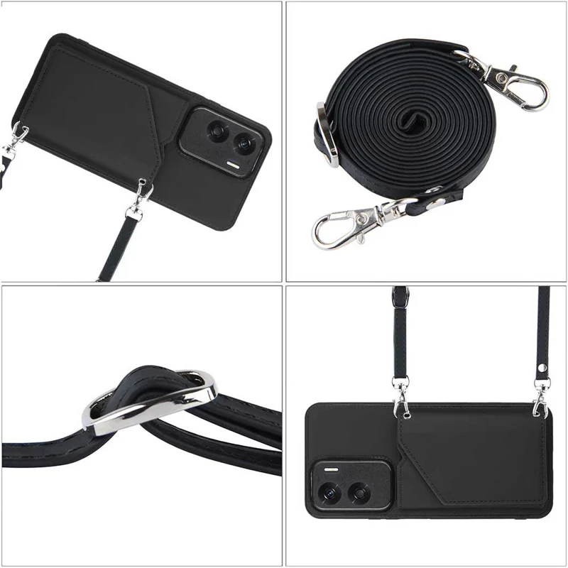 For Honor 90 Lite 5G / X50i 5G Case Card Holder Kickstand Phone Back Cover with Shoulder Strap - Black