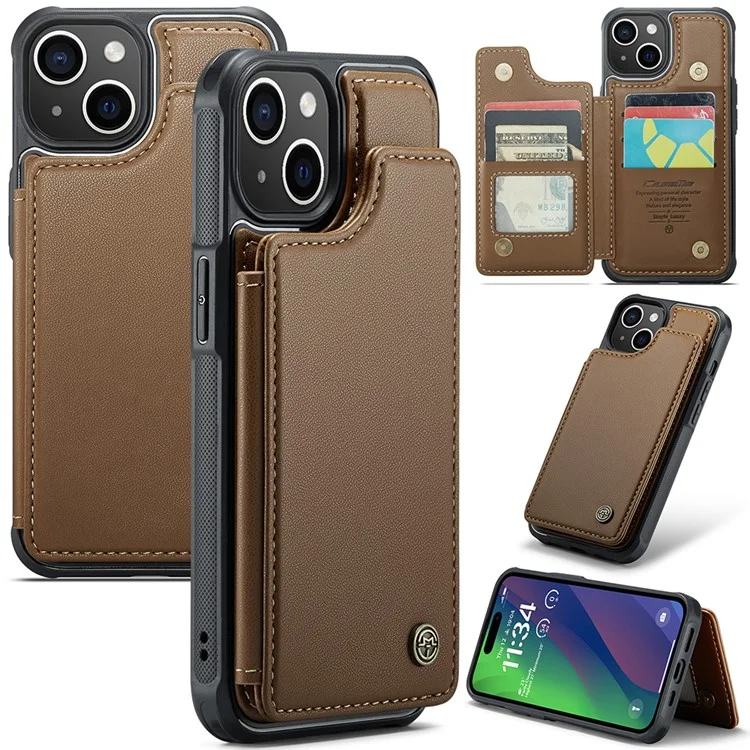 CASEME C22 Series para iPhone 15 Plus Kickstand Case Card Slots RFID Blocking Phone Cover - Marrom