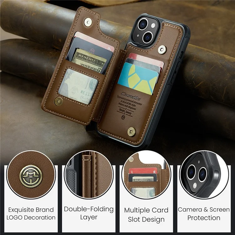 CASEME C22 Series para iPhone 15 Plus Kickstand Case Card Slots RFID Blocking Phone Cover - Marrom
