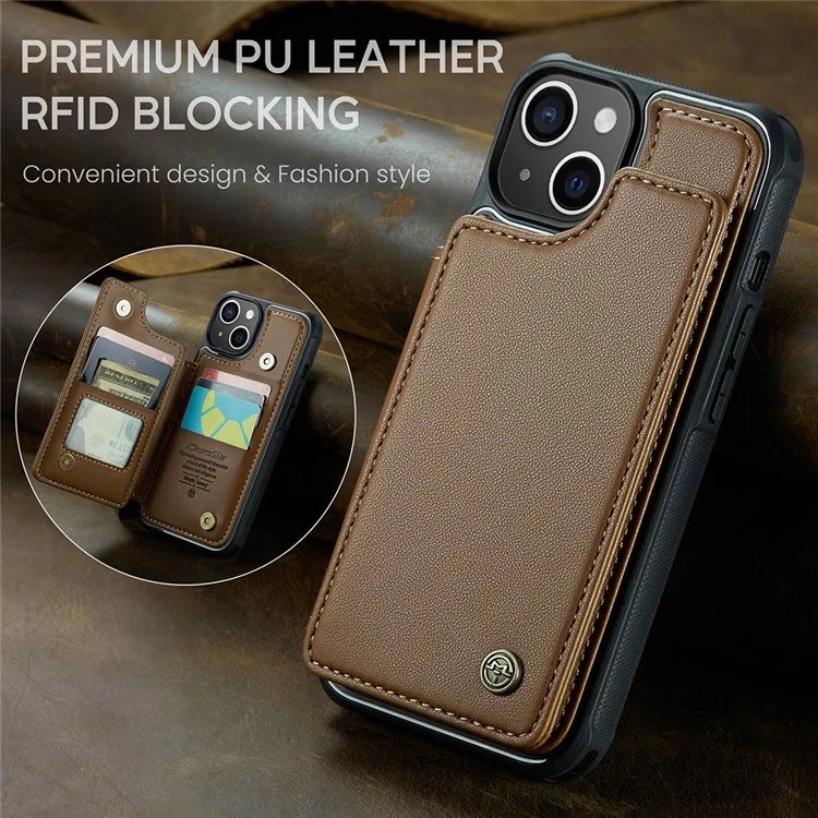 CASEME C22 Series para iPhone 15 Plus Kickstand Case Card Slots RFID Blocking Phone Cover - Marrom
