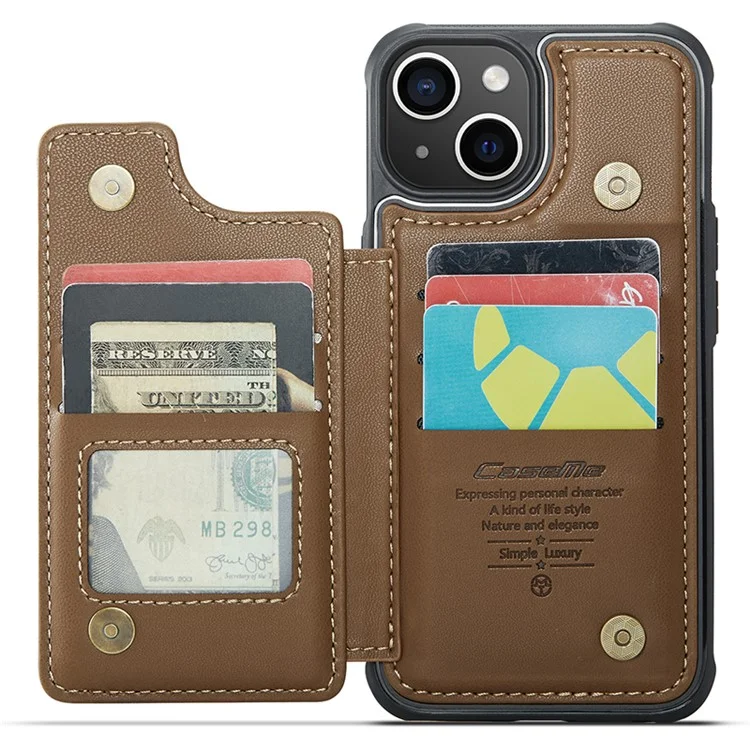 CASEME C22 Series para iPhone 15 Plus Kickstand Case Card Slots RFID Blocking Phone Cover - Marrom