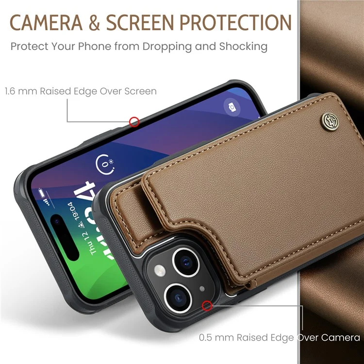 CASEME C22 Series para iPhone 15 Plus Kickstand Case Card Slots RFID Blocking Phone Cover - Marrom