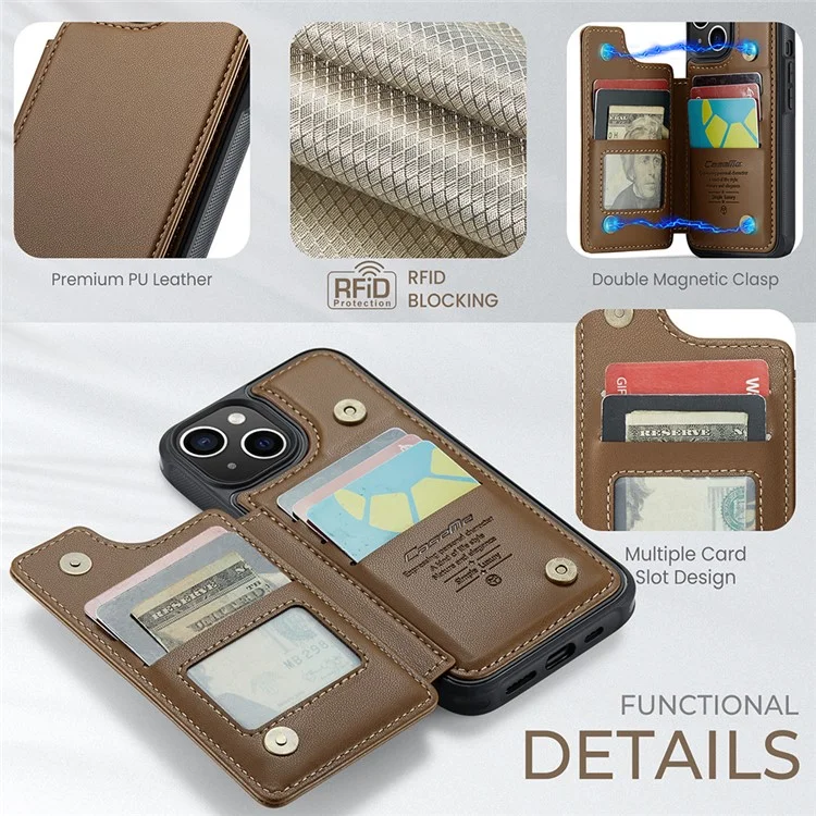 CASEME C22 Series para iPhone 15 Plus Kickstand Case Card Slots RFID Blocking Phone Cover - Marrom