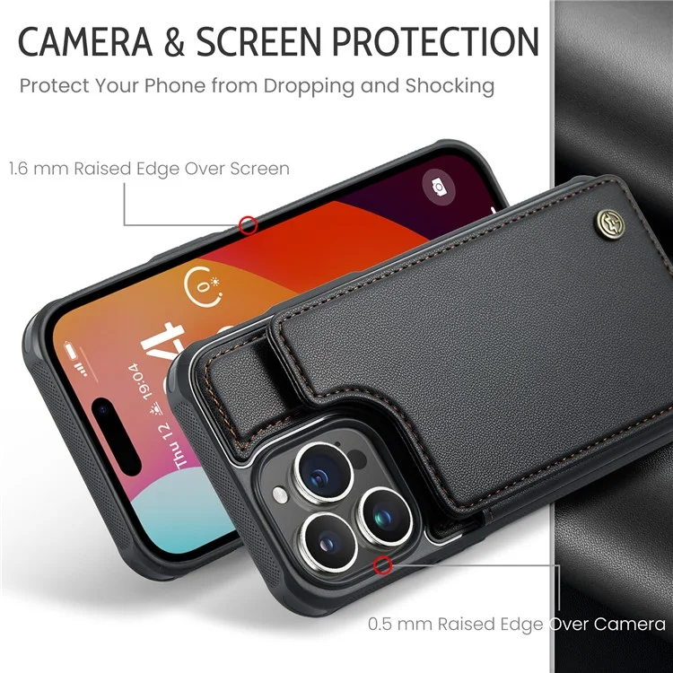 CASEME C22 Serie für iPhone 15 Pro Kickstand Case Kartenhalter Glänzende Handyhülle - Schwarz