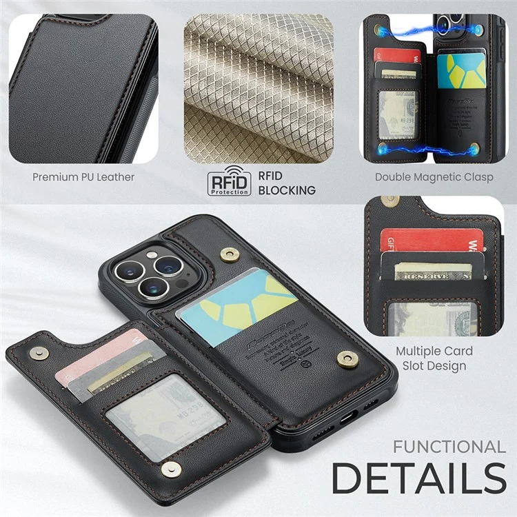 CASEME C22 Serie für iPhone 15 Pro Kickstand Case Kartenhalter Glänzende Handyhülle - Schwarz